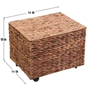 Seagrass Water Hyacinth Wicker Basketry Rolling File Cabinet Storage Organizer Box with Lid Home Office Decorative Organizer