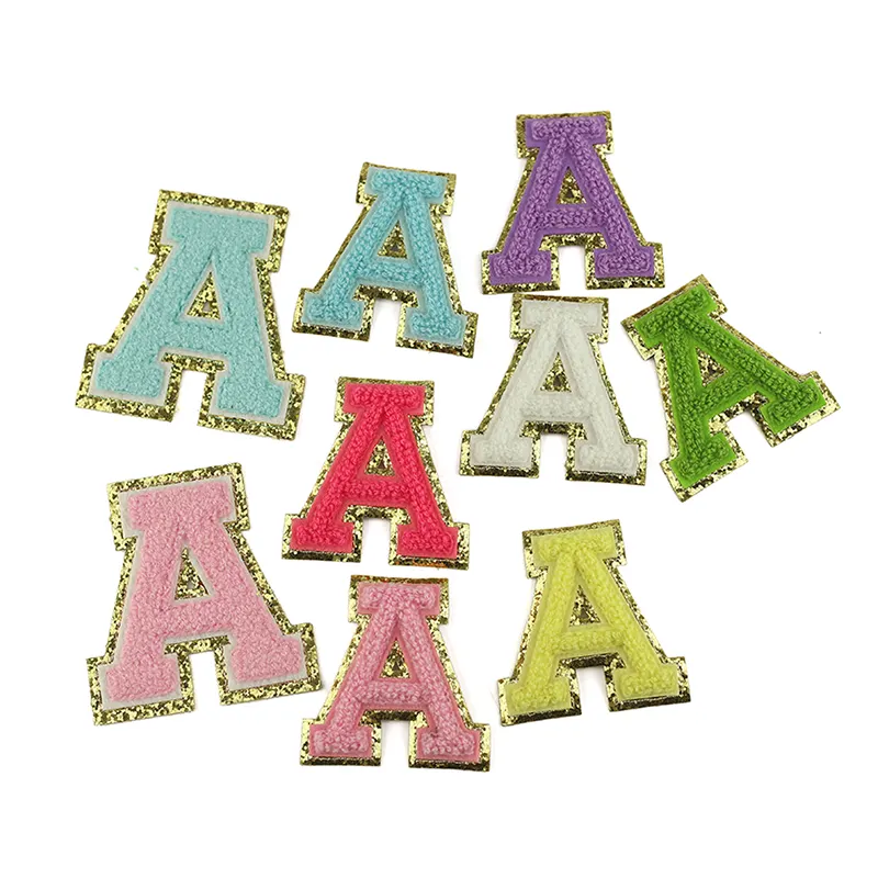 8cm 6.5cm 5.5cm 7 color chenille embroidered Alphabet patches with glitter A-Z letter embroidery patches for girls clothing
