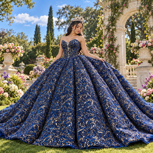 ชุดราตรีงาน Quinceanera สีน้ำเงินรอยัลหรูหรา ประดับด้วยงานปักลายทองเมทัลลิก ทรงบอลกาวน์ คอรูปหัวใจ รุ่น Jancember Dy1589 - Product Image 1