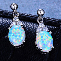 Boucles d'oreilles solitaires en argent 925 avec opale bleue pour femmes, bijoux en opale de feu mexicaine