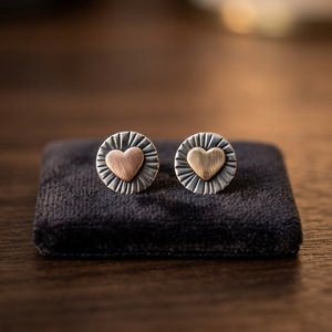 925 <b>Silver</b> Round <b>Stud</b> Earrings with Brass Heart Elegant and Durable Design - Product Image 2