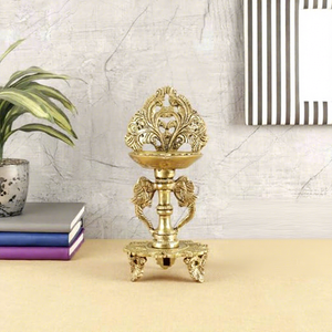 Gold Plated Brass Diya <b>Lamp</b> With Intricate Carving And <b>Elephant</b> Base For Prayer Use - Product Image 3