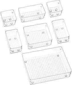 Amazon Hot Selling 7 Pcs Desk Drawer Organizers Trays Set Clear Plastic Storage Bins Bathroom Drawer Tray Organizer Dividers