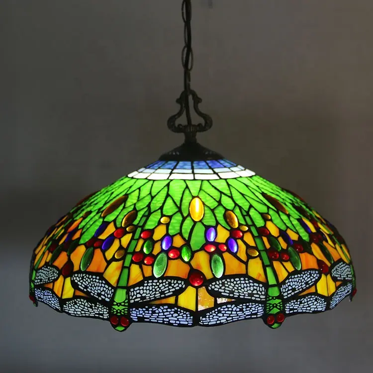 LongHuiJing Scarlet Tiffany-Style 3 Light Dragonfly Hanging Pendant Lamp with 18" Shade