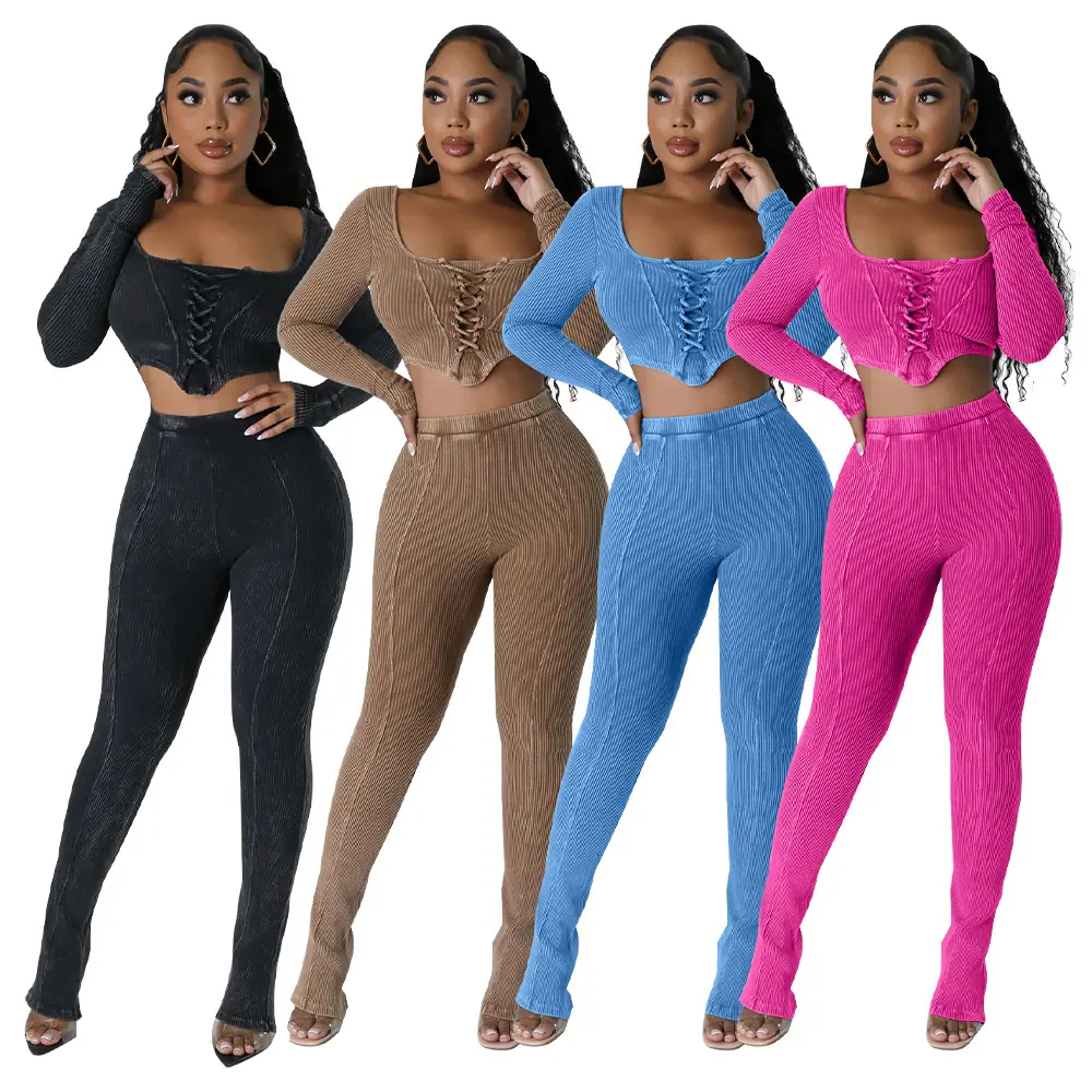 2024 Hot Sale View Grotere Afbeelding Delen Groothandel Vrouwen Joggingpak Set Vierkante Hals Lange Mouw Crop Top Matching Sets