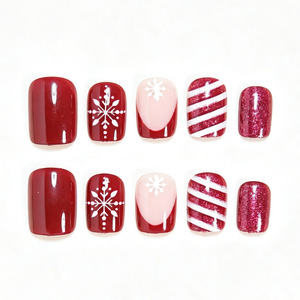 Uñas Postizas Color Vino Tinto Navideño con Diseño de Copos de Nieve y Rayas Brillantes para Fiestas, Salón de Belleza y Uso Personal - Product Image 4
