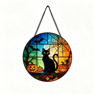 Meilleure vente transfrontalière en gros : Décoration murale en verre acrylique de Noël en forme de chat, à suspendre à la fenêtre, panneau en verre peint à la main pour la décoration intérieure - Product Image 1
