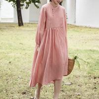 Robe midi décontractée rose en lin et coton pour femme, manches longues, coupe ample, boutonnée, collection Printemps-Été 2026