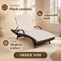 Chaise longue inclinable en rotin PE résistant aux intempéries pour terrasse extérieure, plage, complexe hôtelier, avec coussin amovible