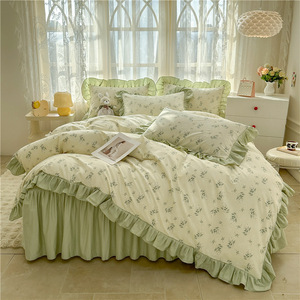Parure de lit 4 pièces en coton pur style coréen avec imprimé floral, jupe de lit princesse, utilisation quatre saisons - Product Image 1