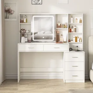 Depolama çekmeceleri ve ahşap tuvalet masası için led ışıklı uzun ayna tasarımları ile modern yatak odası mobilyası dresser
