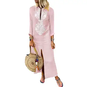 Women Dresses Cotton Linen Muslim V-neck Long Sleeve Loose Vintage Print Boho Style Maxi Long Style Casual Dress