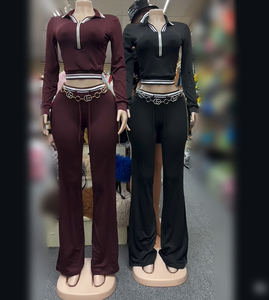 Viviblook Z107ST03 New Autumn Winter Female Clothes Color Blocking <b>Long</b> <b>Sleeve</b> Zip up Crop <b>Top</b> Pants 2 Piece Set for Women - Product Image 1