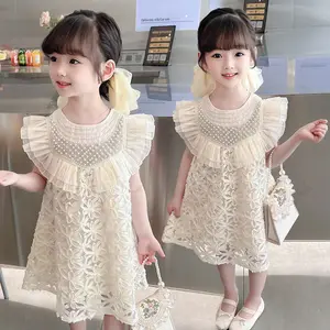 2024 Hot Sale Factory Price Summer Teenager New Kids Pearls Tank Dress Stylish Princess Hollow Flower Girls Dresses