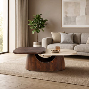 Mesa de Centro Moderna de Dos Niveles de Madera de Mango Sólida con Diseño Rectangular, Acabado en Teca Rosa Oscuro y Nogal Oscuro para Sala de Estar - Product Image 1