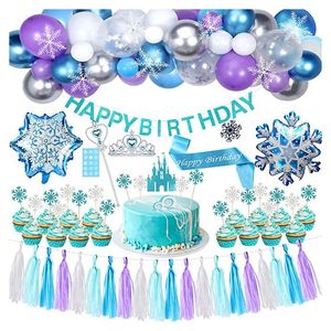 Suministros de <span class=keywords><strong>fiesta</strong></span> de cumpleaños de <span class=keywords><strong>Frozen</strong></span>, incluidos <span class=keywords><strong>globos</strong></span> de pancarta de cumpleaños para niños, adornos para pasteles, faja con borlas, Pin de copo de nieve, pegatinas de tatuaje - Product Image 1
