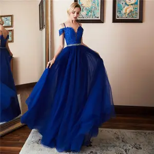 Gaun pengiring pengantin garis A panjang chiffon biru mewah kustom renda kualitas bagus