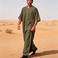 Robe longue musulmane à manches courtes pour homme, col en V, brodée, Kaftan islamique, Jubba arabe, Jalabiya, robe de prière marocaine