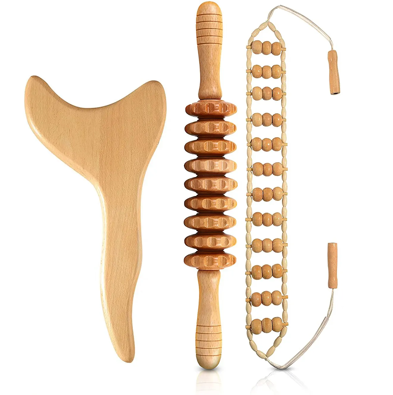 Herramientas de masaje de terapia de madera con bolsa de almacenamiento Rodillo de masaje de celulitis de madera completamente corporal