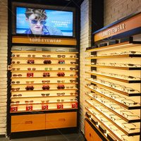 Présentoir de magasin de lunettes, vitrine moderne en verre, présentoir professionnel en bois, vitrine de magasin de lunettes de mode