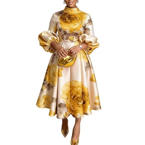 Elegante Abito Floreale a Collo Alto con Maniche a Bolla, Vestito a Trapezio <span class=keywords><strong>per</strong></span> Casa, Lavoro e Feste - Product Image 3