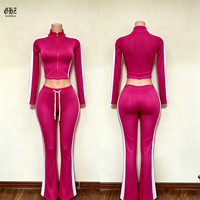 Ensemble de survêtement 2 pièces pour femme, couleur bonbon, rayé, veste courte zippée, pantalon évasé taille haute, décontracté, sport, fitness, streetwear