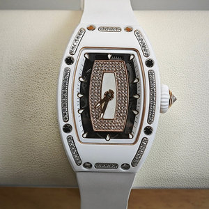High End Ladies Quartz <b>Watch</b> White Ceramic Tonneau Case with Rose Gold Diamond Dial - Product Image 2