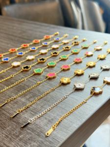 时尚幸运四叶草多色玛瑙花朵吊饰手链 18K 真金不锈钢防水不褪色首饰 - Product Image 6