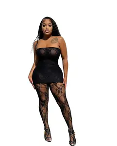 Hot Products 2024 Trending Women Sexy Strapless See Through Lace Dress Leggings Pants 2 Piece Set