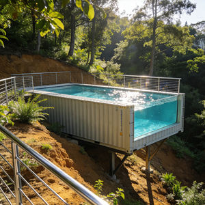Piscine hors sol profonde avec mur d'accent en bois recyclé et système complet de circulation et de filtration - Product Image 1
