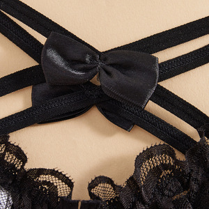 Tanga sexy de encaje para mujer, negra, transparente, con volantes y lazo, de talle bajo, lencería. - Product Image 4