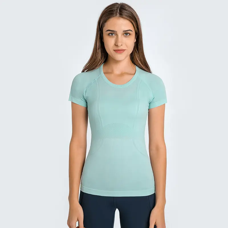 S2067 light weight lulu jacquard Seamless Fitness Shirts for Women Short Sleeve Plain Tees Quick Dry Gym Athletic Tops