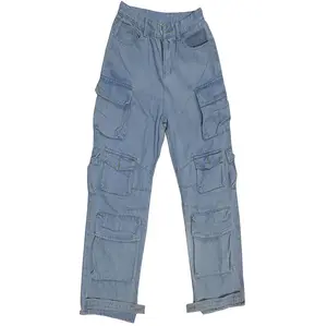 C0638 Wholesale Hot Sales Pocket Design Plus Size Jeans Denim Cargo Pants Women
