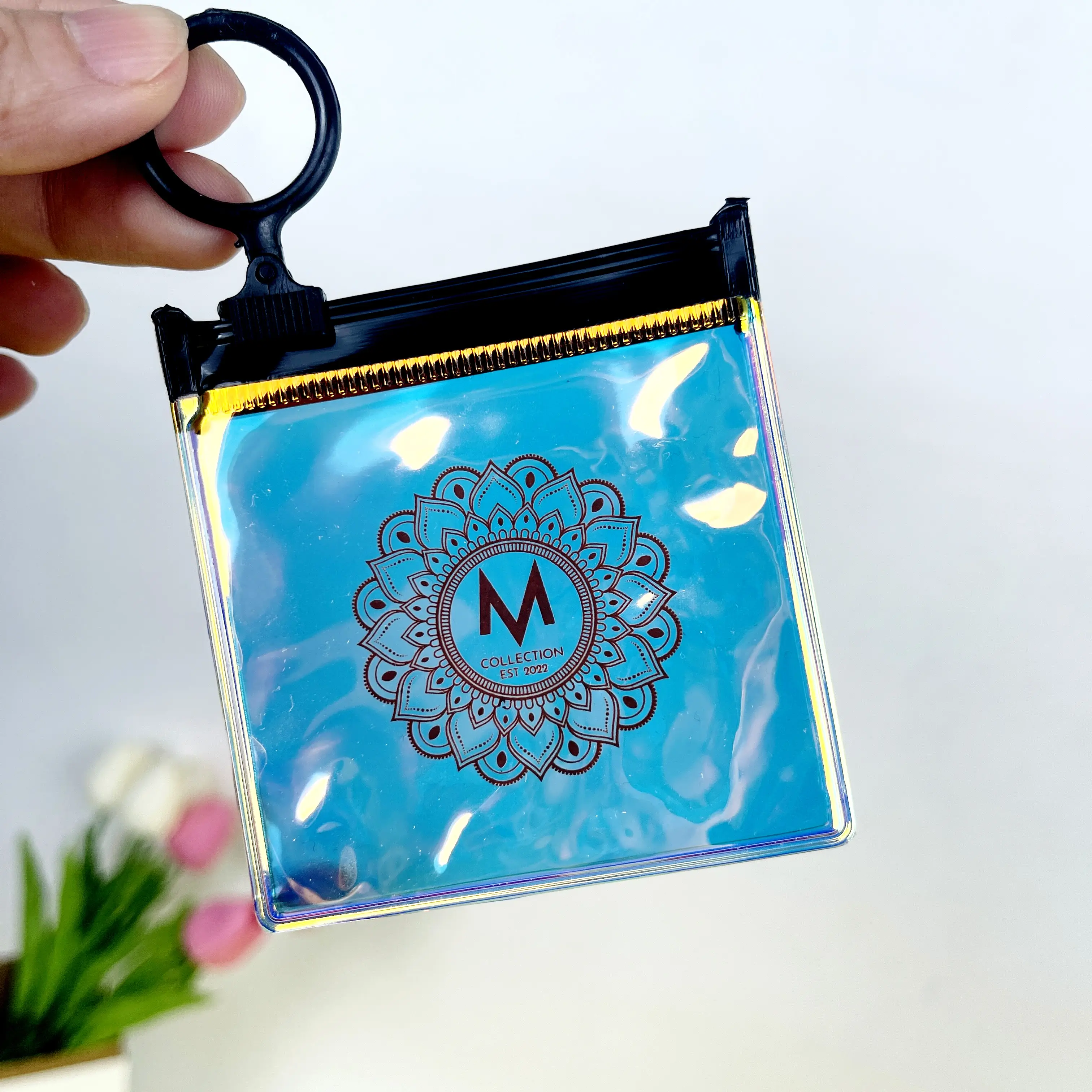 Bolsa de joyería de plástico transparente con cremallera, mini bolsa holográfica con logotipo para embalaje de anillo y pendientes