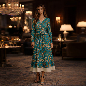 Vestido Maxi con Estampado Floral, Cuello en V, Manga Larga, Corte Regular, Dobladillo Asimétrico, Tejido de Punto Transpirable, Cintura Imperio, Estilo Casual de Verano - Product Image 6