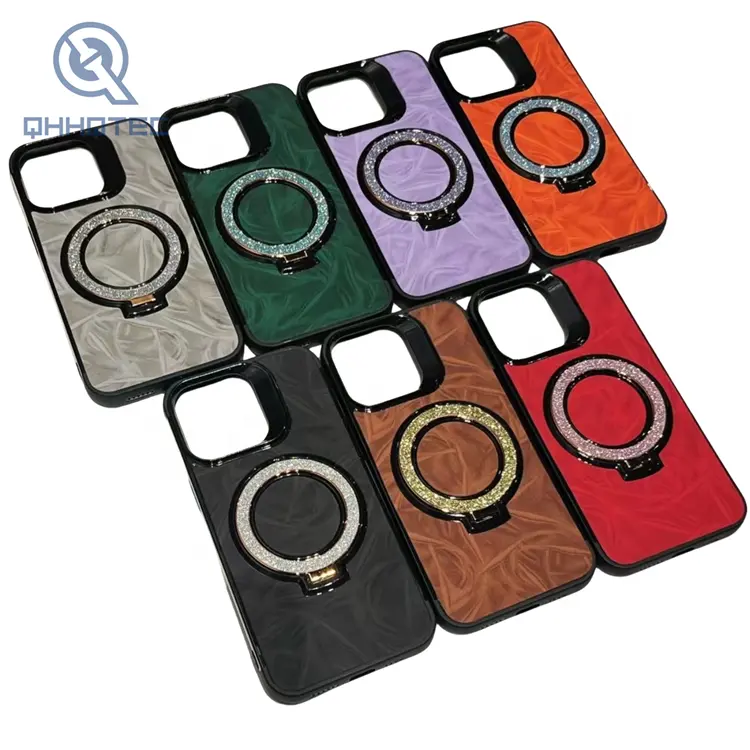 2024 New Fashion Shining Diamond Magnetic Folding Holder Leather Phone Case For iPhone 14 15 Pro Fundas