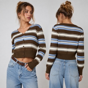 Oversized Vintage Striped Button Cardigan Women's Sexy V-Neck Knit Top Breathable Anti-Wrinkle Viscose/Polyester Long Sleeve - Product Image 1