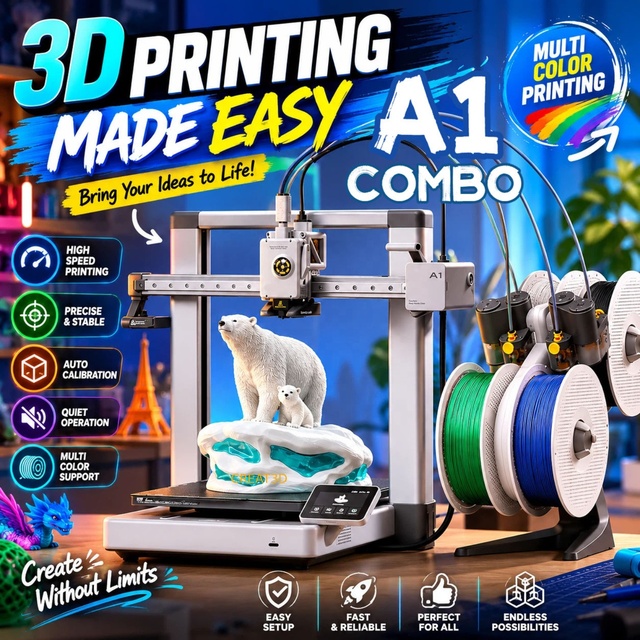 Global Version A1 Combo 3D Printer Ready to Ship Fully Automatic Leveling High-speed Multi-color AMS FDM 3D Printer