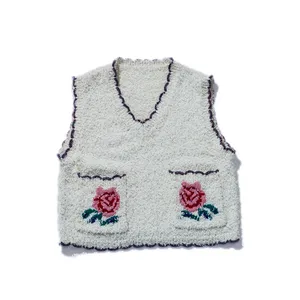 Women's Small V-Neck Sleeveless Knitted Polluover Sweater Casual Style with Pocket Floral Pattern for Autumn Fashion