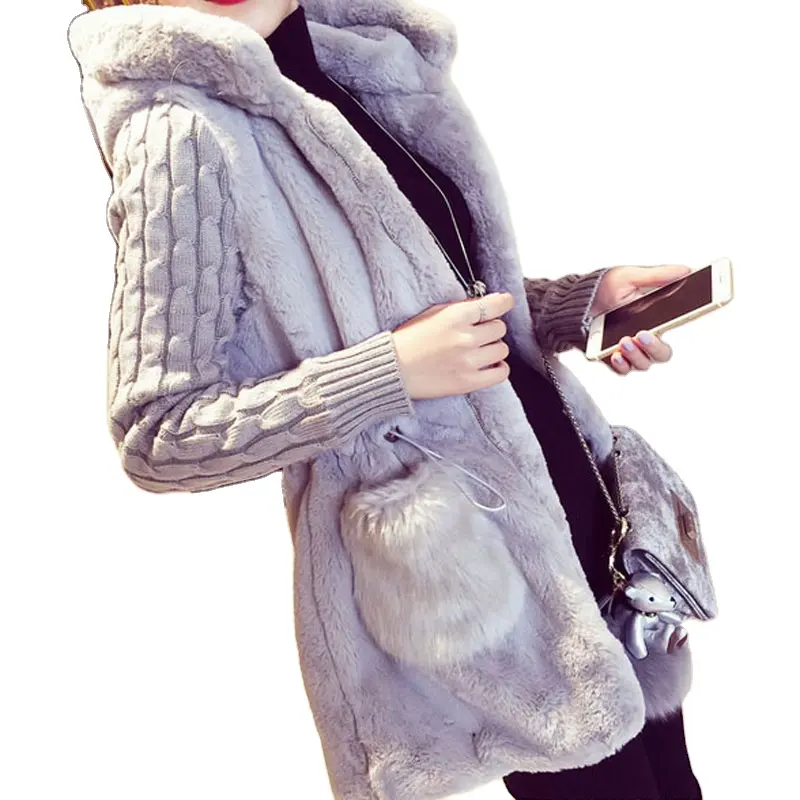 Atasan Bertudung Berbulu Bulu Palsu Rajutan Mantel Sweter Wanita Musim Gugur 2022 Musim Dingin Rajutan Tambal Sulam Plus Tebal Mantel Sweter Besar Wanita