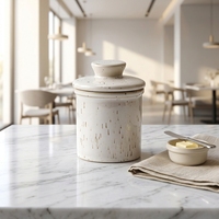 Pot à beurre en céramique blanche vintage à glaçure réactive mouchetée avec couvercle