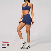 Set Olahraga Wanita 2 Potong Model Halter Bergaris, Bra Berbusa Lembut, Celana Pendek Pinggang Tinggi, Cocok untuk Yoga dan Olahraga