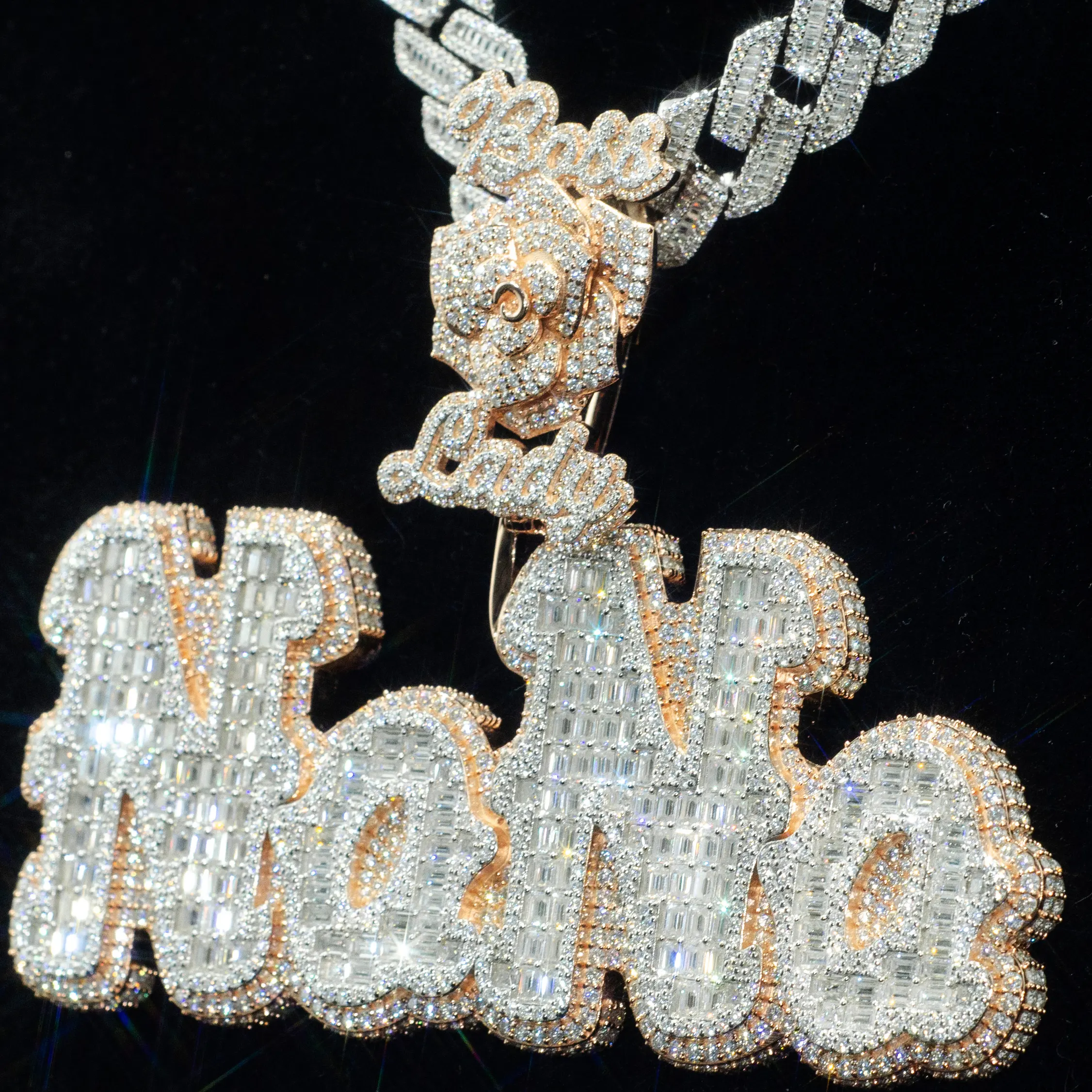 Testeur de diamant personnalisé Pass Iced Out VVS Baguette Moissanite Argent 10K Or Hip Hop Lettre Nom Chaîne Pendentif Fine Jewelry Hommes