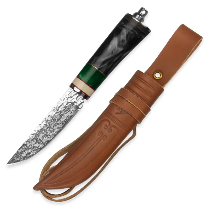 Handmade Damascus Knife Fixed Blade Outdoor Hunting Knife with Leather Sheath