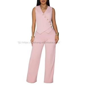Casual Solid Color Sleeveless V-neck Button Top and Pants Two Piece <b>Set</b> for Women Fashion - Product Image 5