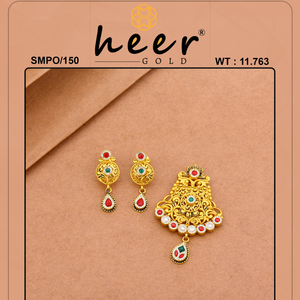 Parure de bijoux ethniques avec pendentif en or antique et pierres rouges et vertes, boucles d'oreilles et collier traditionnel pour mariée - Product Image 2