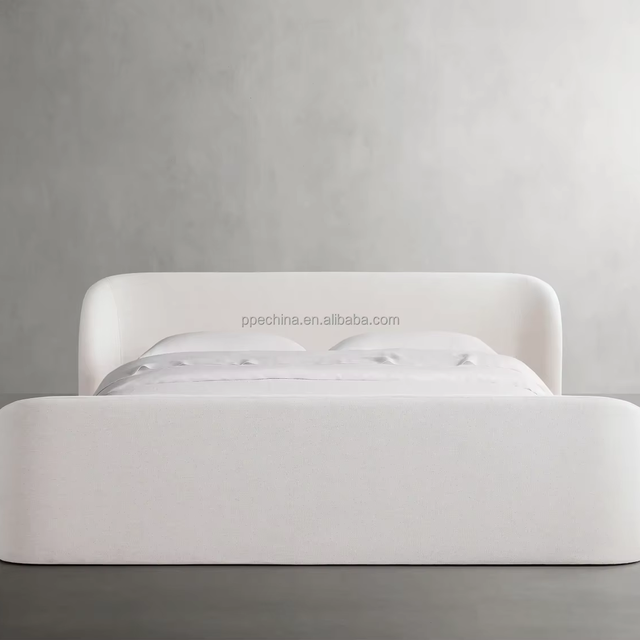 Modern Indoor Furniture Bedroom Furniture Boucle Fabric Wooden Bed with High Footboard