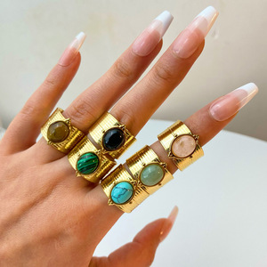 French Retro Style Light Luxury <b>Ring</b> Natural Stone <b>Adjustable</b> 18k Gold Plated Stainless Steel Women's Jewelry - Product Image 1