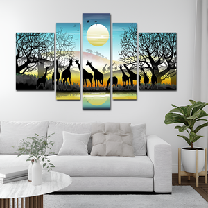 5 mảnh HD vải in phong cảnh Châu Phi Safari nhóm sơn phòng trang trí Poster hươu cao cổ voi Châu Phi đồng cỏ hình ảnh vải - Product Image 4