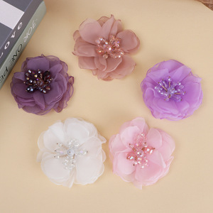 Chiffon Rhinestone Flower Applique 8Cm Flatback For Hair Clothing <b>Shoes</b> Bags <b>Decoration</b> - Product Image 1